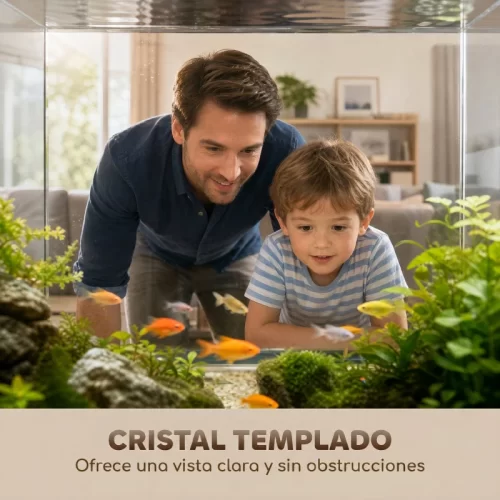Padre e hijo observando un acuario de cristal templado con peces