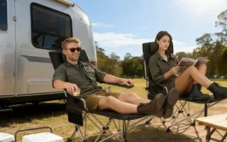 Pareja relajada en sillas de camping reclinables junto a una autocaravana, leyendo y descansando 1400