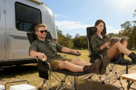 Pareja relajada en sillas de camping reclinables junto a una autocaravana, leyendo y descansando 1400