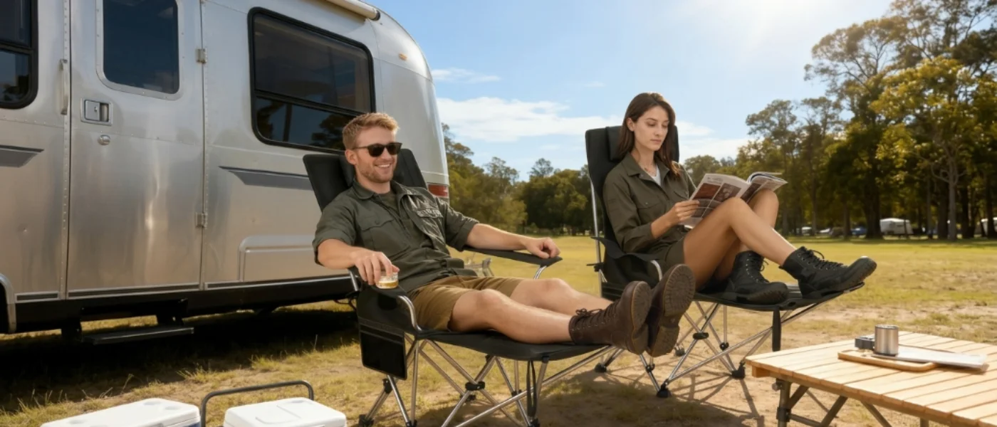 Pareja relajada en sillas de camping reclinables junto a una autocaravana, leyendo y descansando 1400