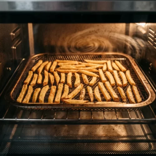 Patatas fritas repartidas en una sola capa sobre una bandeja de malla dentro de un mini horno, con el ventilador girando al fondo.