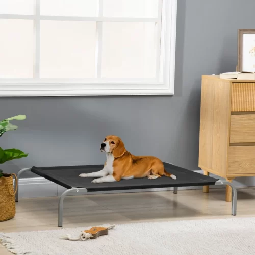 Perro Beagle recostado sobre una cama elevada negra junto a un mueble de madera.
