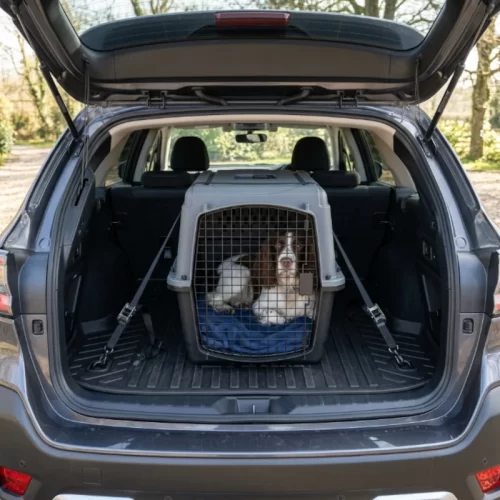 Perro asomado en un transportín abierto colocado en el maletero del coche