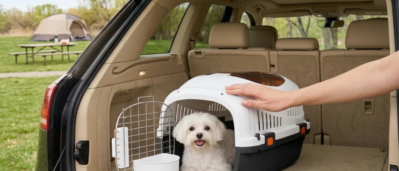 Perro dentro de un transportín sujeto con cinturones en el maletero del coch 1400