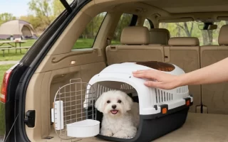 Perro dentro de un transportín sujeto con cinturones en el maletero del coch 1400