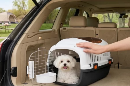 Perro dentro de un transportín sujeto con cinturones en el maletero del coch 1400