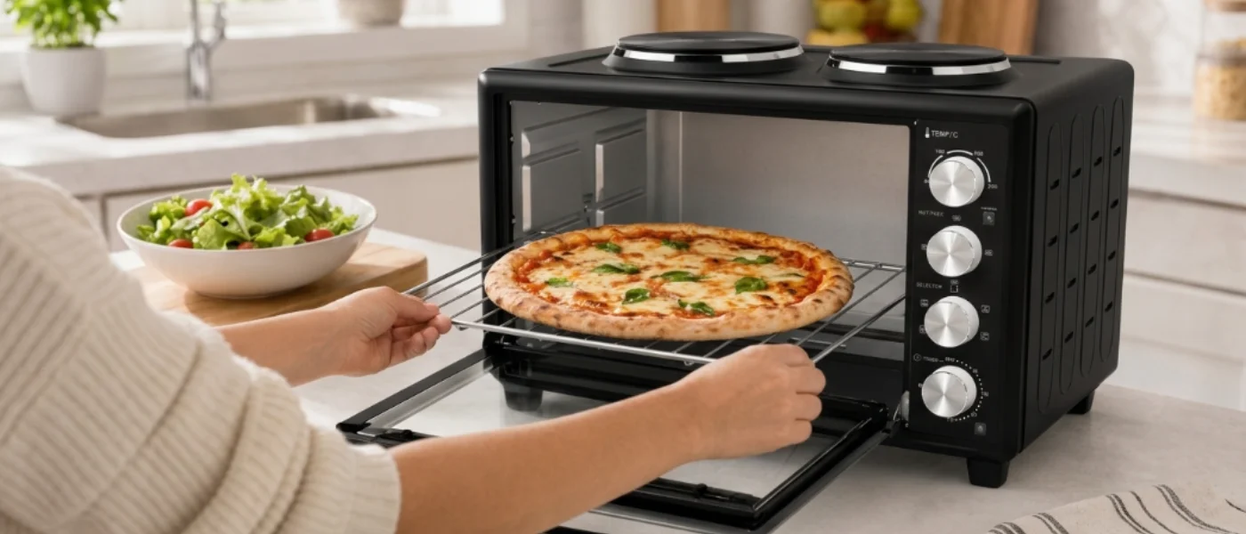 Persona sacando una rejilla con una pizza margarita recién hecha de un mini horno negro con dos placas de cocción encima. 1400