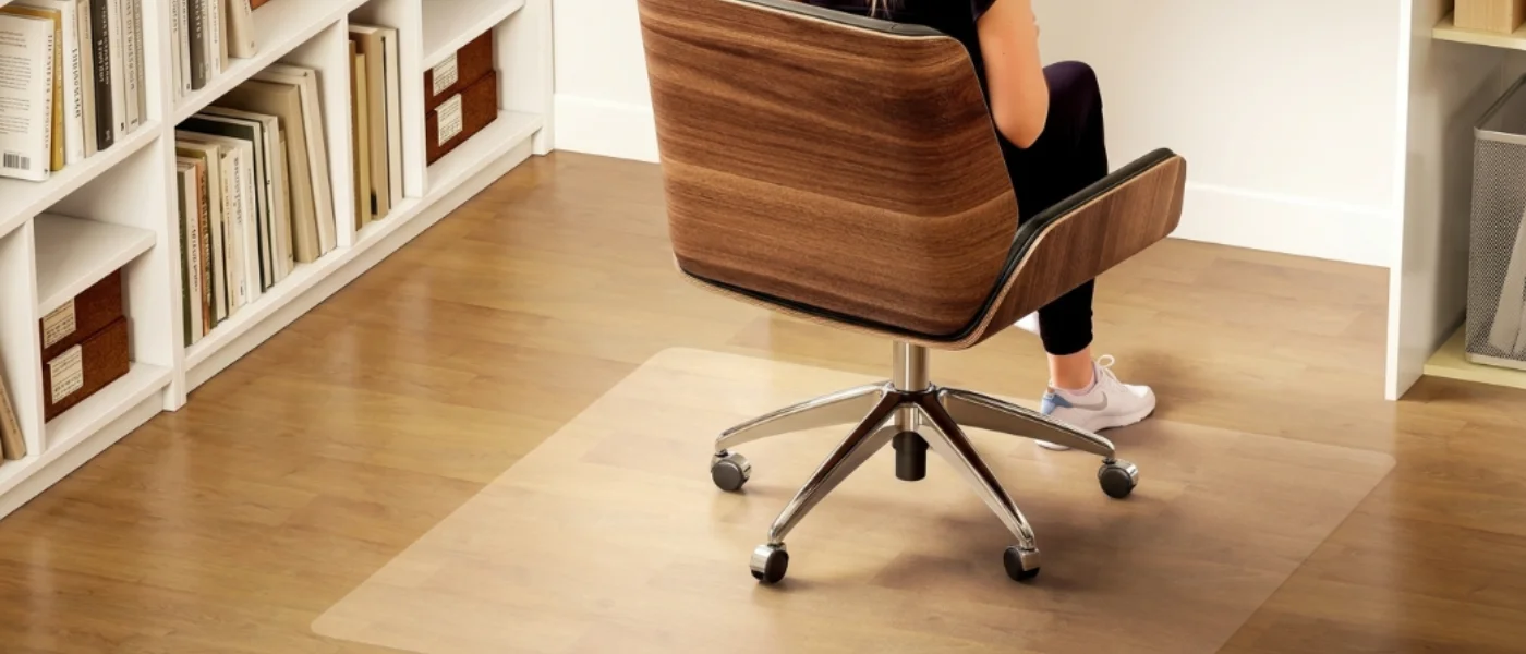Persona sentada en una silla de oficina sobre una alfombrilla transparente antideslizante en suelo de madera. 1400