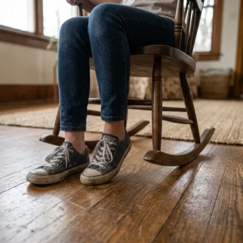 Pies apoyados en el suelo junto a los patines de una mecedora de madera clásica