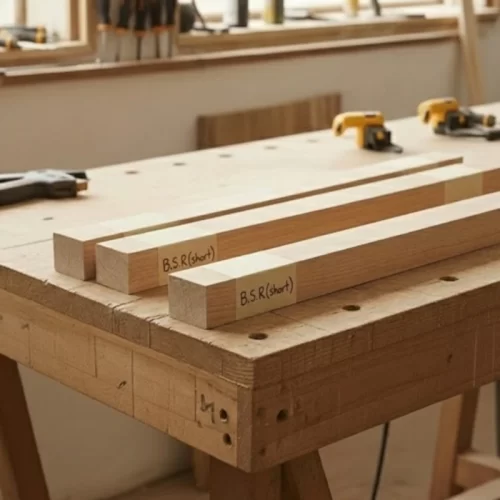 Piezas de madera cortadas y etiquetadas para las patas y el marco del escritorio