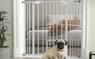 Puerta de seguridad blanca con puertita para mascotas y un pug sentado frente a ella. 1400