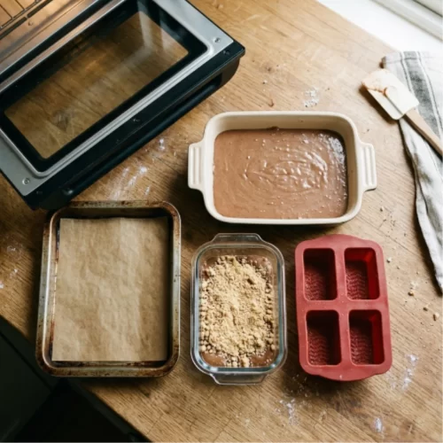 Recipientes para cocinar junto a un mini horno: bandeja metálica, fuente de cerámica, recipiente de cristal y molde.