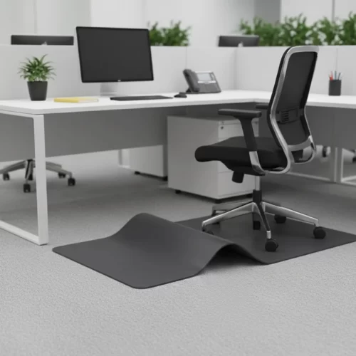 Silla de oficina sobre una alfombrilla transparente colocada en un suelo de madera
