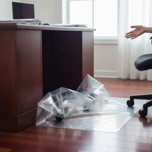 Silla de oficina sobre una alfombrilla transparente colocada en un suelo duro