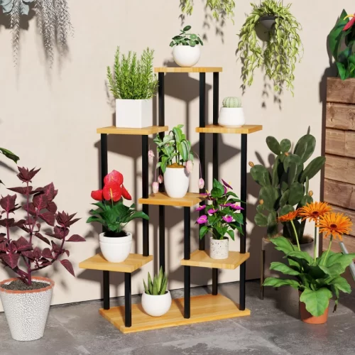 Soporte de Plantas de 7 Niveles – Acero y Madera, Madera Natural