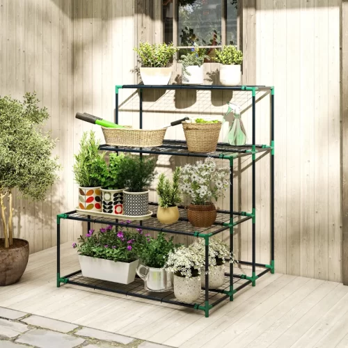 Soporte para Plantas de 4 Niveles con Diseño Escalera y Estructura Metálica, Verde