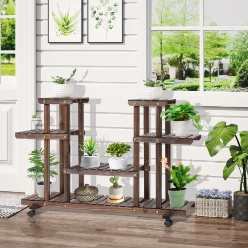 Soporte para Plantas de 4 Niveles con Ruedas – Madera 123,5x33x80 cm, Marrón