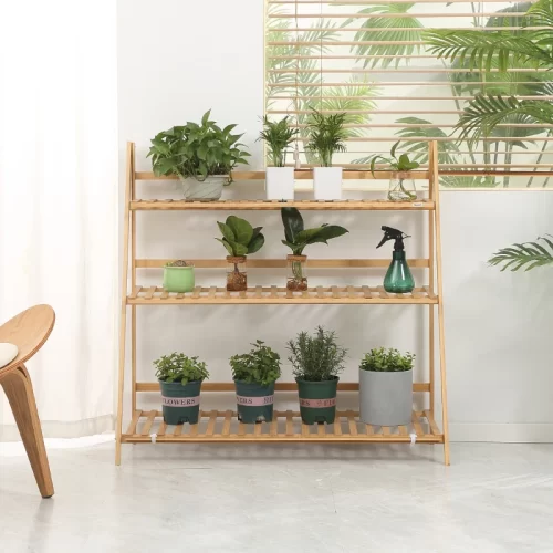 Soporte para Plantas de Bambú Escalera Plegable – 100x39x97 cm, Natural