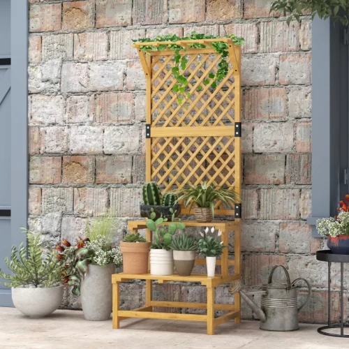 Soporte para Plantas de Madera de 2 Niveles con Enrejado, Natural