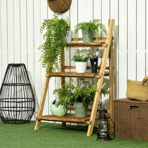 Soporte para Plantas de Madera de 3 Niveles Plegable – 60x37x93 cm, Natural