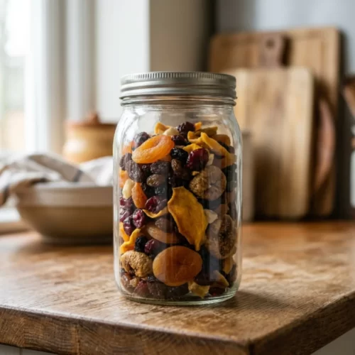 Tarro de cristal cerrado con una mezcla de fruta deshidratada, como orejones, arándanos e higos, lista para conservar.