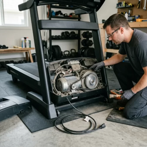 Técnico revisando el motor de una cinta de correr por sobrecalentamiento