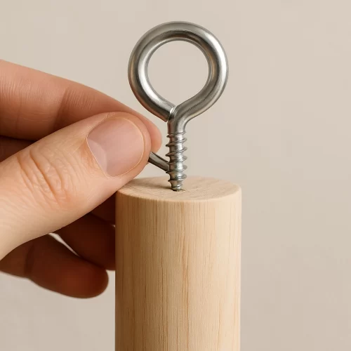 Tornillo de anilla de acero inoxidable colocado en varilla de madera para silla hamaca