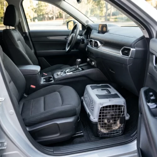 Transportín con perro pequeño en el suelo del asiento del copiloto