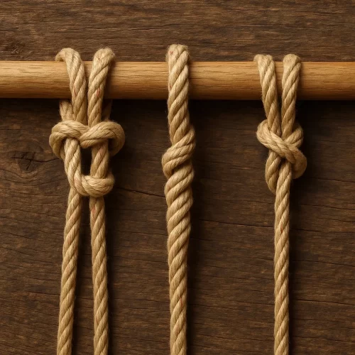 Tres técnicas de nudos de macramé en varilla de madera - nudo plano, nudo espiral y nudo alondra