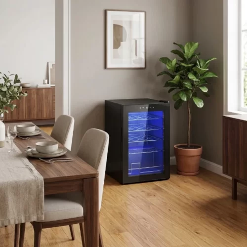Vinoteca en el rincón de un comedor junto a una planta