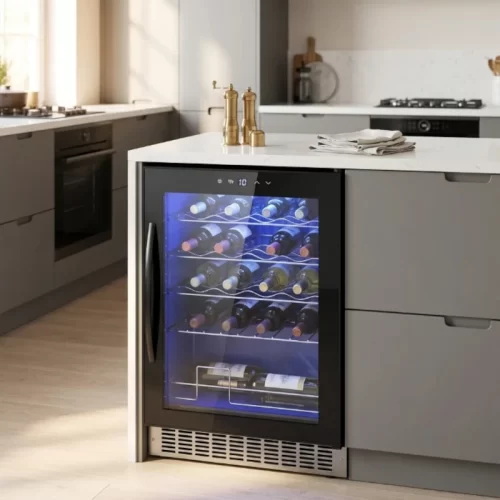 Vinoteca integrable bajo la encimera de una isla de cocina gris