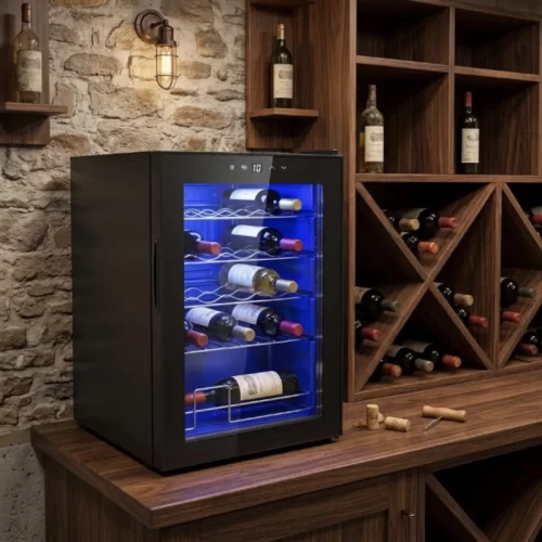 Vinoteca junto a un botellero de madera en una bodega de piedra