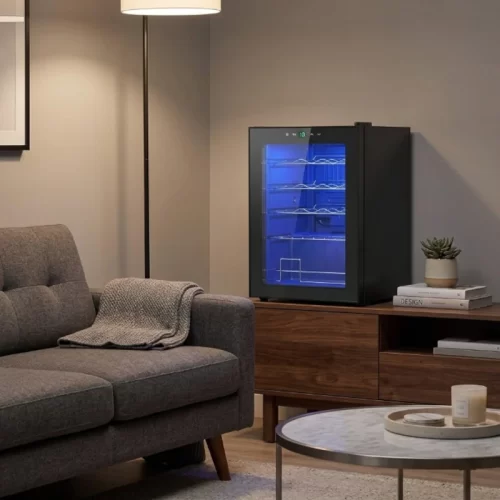 Vinoteca negra sobre un mueble de TV en un rincón del salón