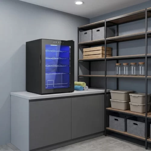 Vinoteca negra sobre un mueble en una zona de lavandería
