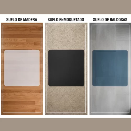 Vista cercana de una alfombrilla negra para silla de oficina colocada sobre moqueta