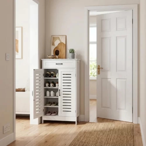 Zapatero blanco estrecho colocado junto a una puerta interior