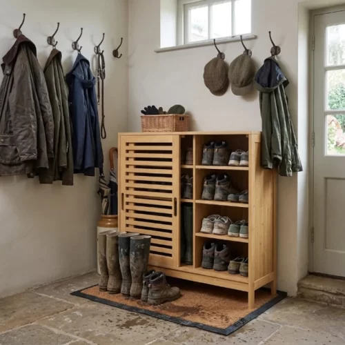 Zapatero de madera en un cuarto de botas con abrigos colgados