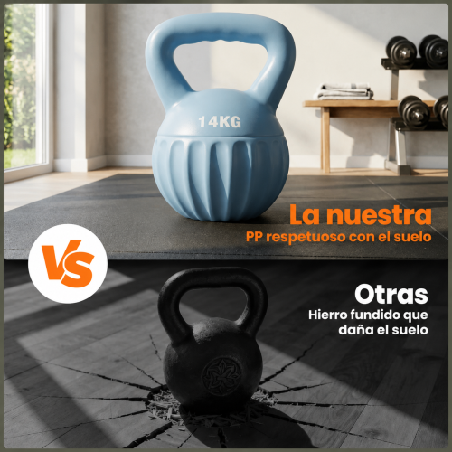 Comparación entre kettlebell azul de PP que cuida el suelo y una de hierro fundido que lo daña.
