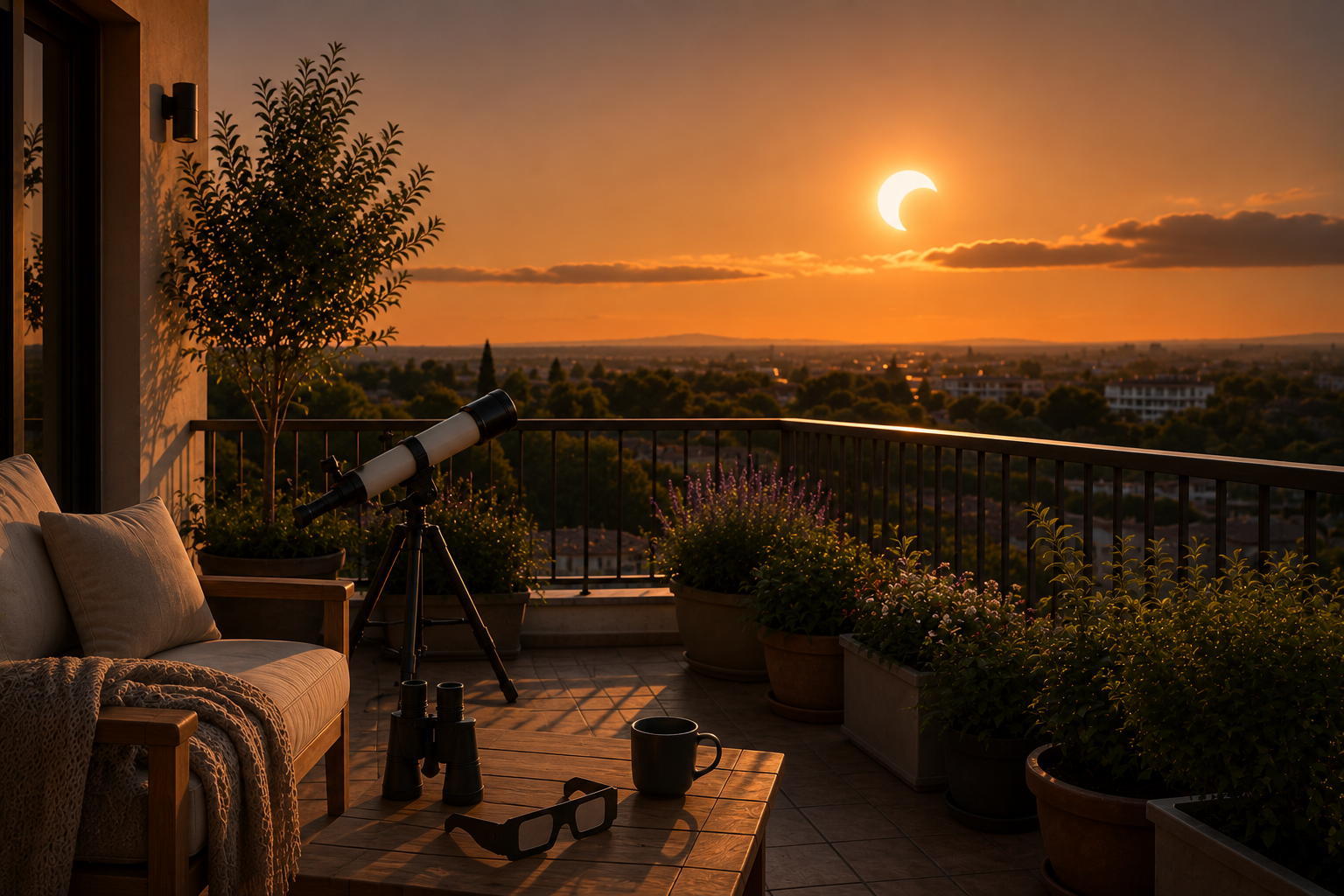 Observación del eclipse solar desde un jardín o terraza