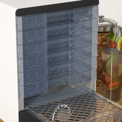 Bandejas transparentes de un deshidratador de alimentos con rejilla de ventilaci