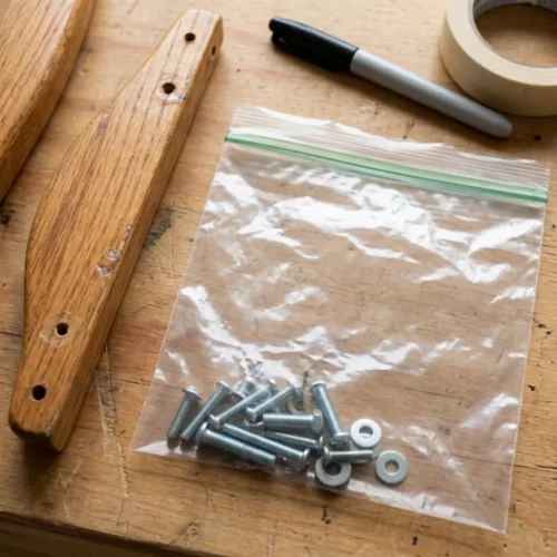 Bolsa de plástico con tornillos y arandelas junto a un reposabrazos de madera desmontado