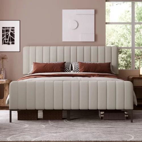 Cama matrimonial acolchada en tela de lino