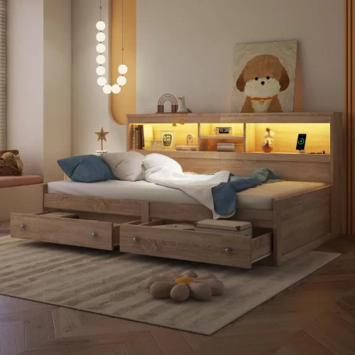 Cama con cabecero de estantería iluminado y espacio para cargar el móvil