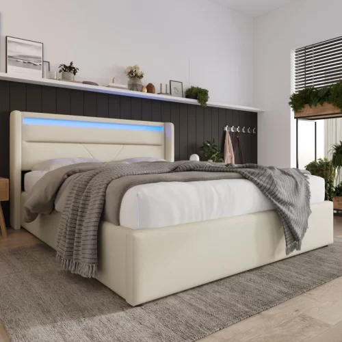 Cama de matrimonio con canapé abatible LED y control remoto
