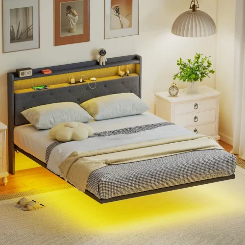 Cama flotante tapizada en gris con iluminación LED