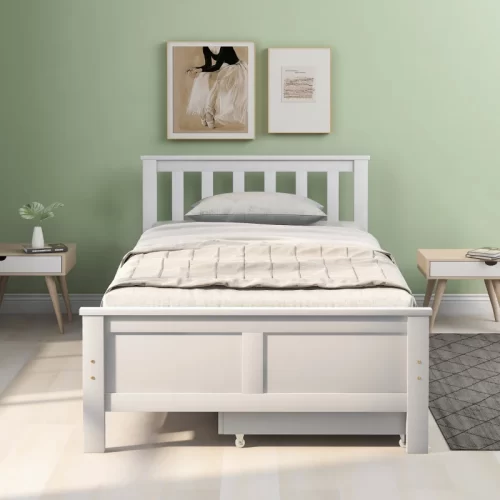 Cama individual de madera maciza blanca con cabecero de listones
