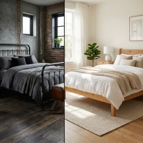 Cama individual de metal negro con cabecero decorativo de volutas junto a una mesilla de noche.