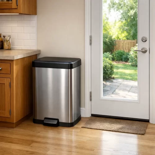 Cubo de basura con pedal colocado junto a una salida de la cocina