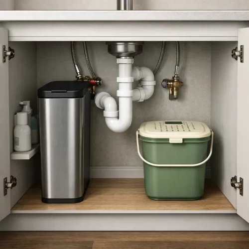 Cubo de basura de acero inoxidable y compost bajo el fregadero de la cocina