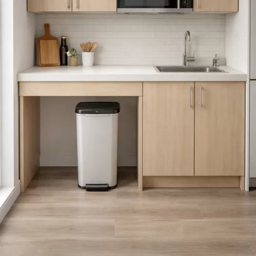 Cubo de basura independiente bajo encimera abierta de cocina